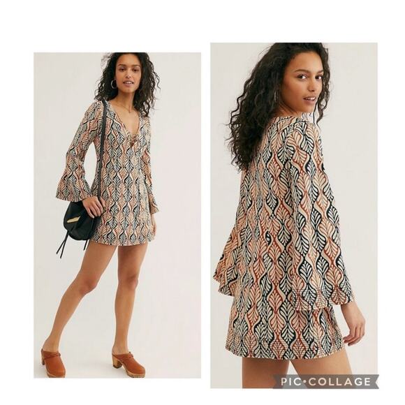 Free People Gia Shift Dress Size Medium Floral Geometric Pattern Lace-Up Fall - Picture 2 of 13